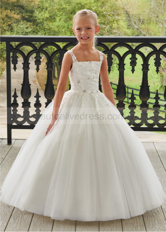 Square Neck Beaded Ivory Lace Tulle Cute Flower Girl Dress